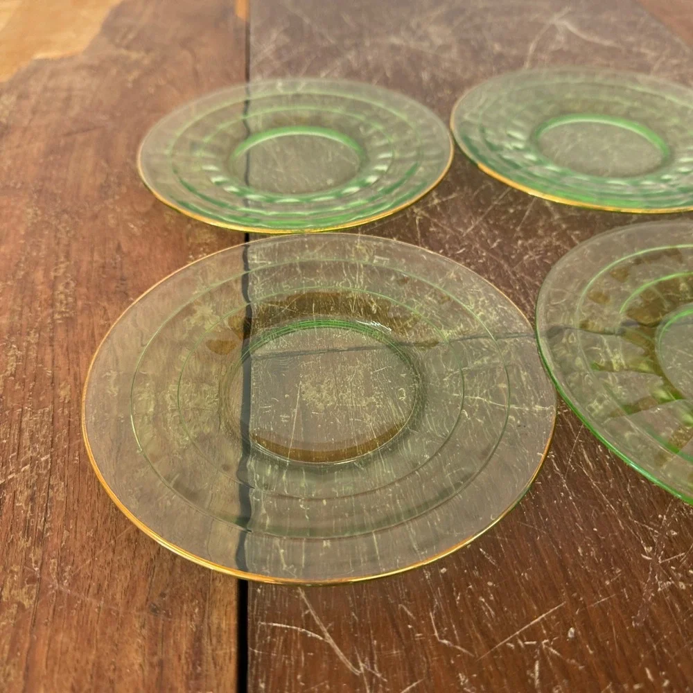 Set of 6 Vaseline Uranium Vintage Glass Saucers Gold Rimmed Dessert Small Plates